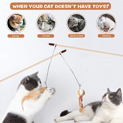 Natural Wood Cat Teaser Wand Set