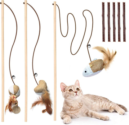 Natural Wood Cat Teaser Wand Set