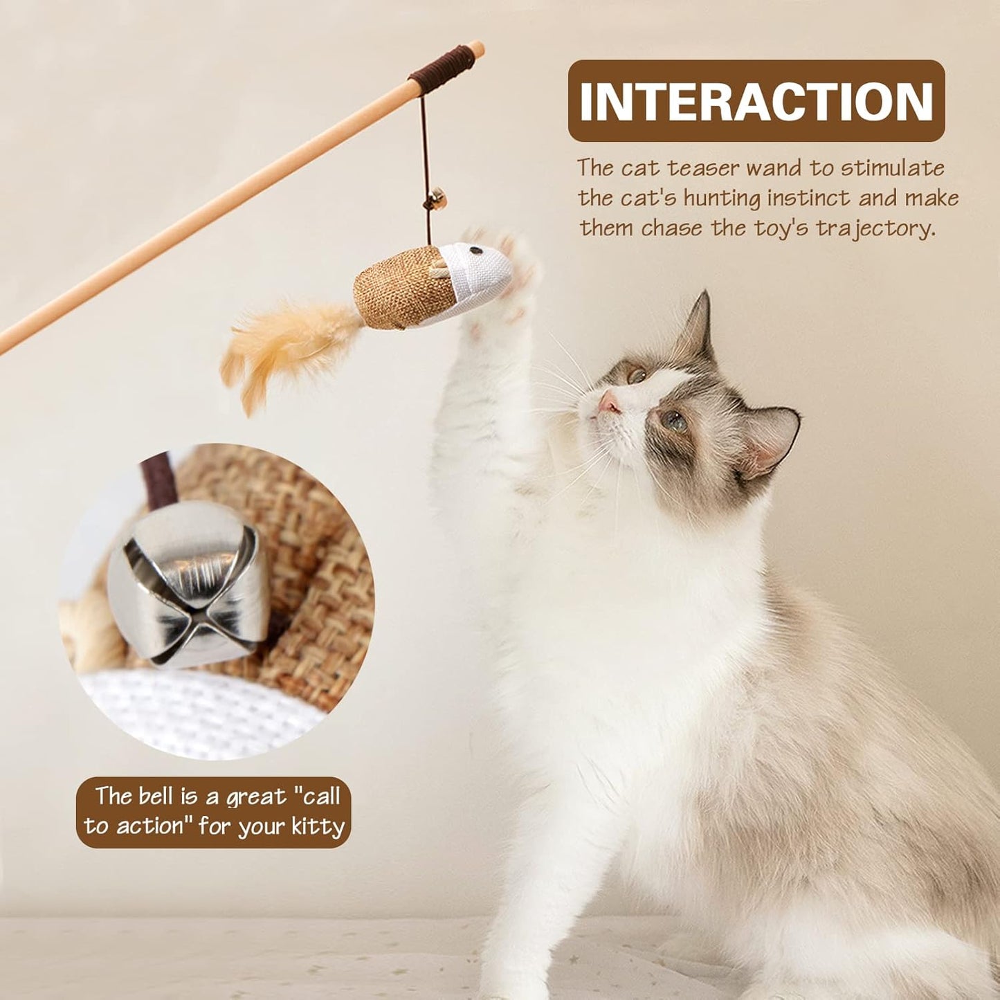 Natural Wood Cat Teaser Wand Set